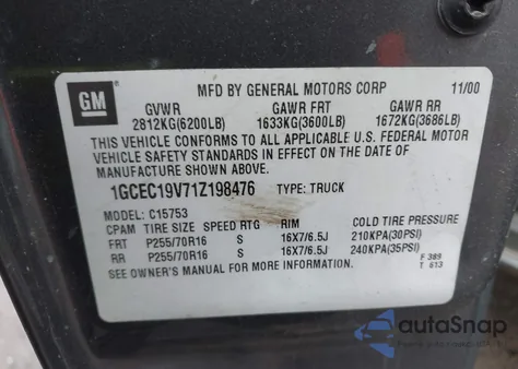 2001 Chevrolet Silverado 1500 Ls z USA, uszkodzony, nr VIN 1GCEC19V71Z198476